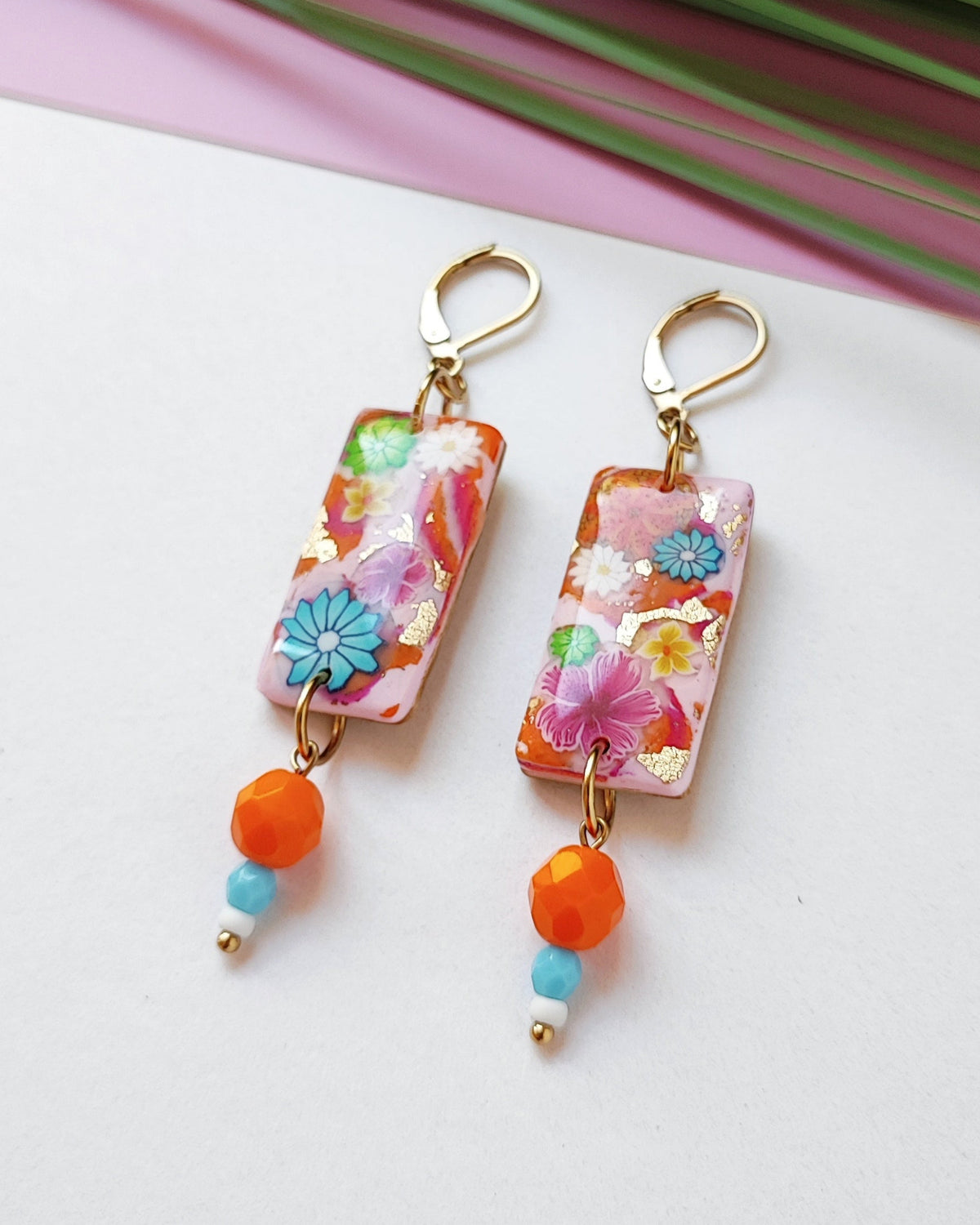 Boucles d'Oreilles Pop Flower rectangulaires perles oranges