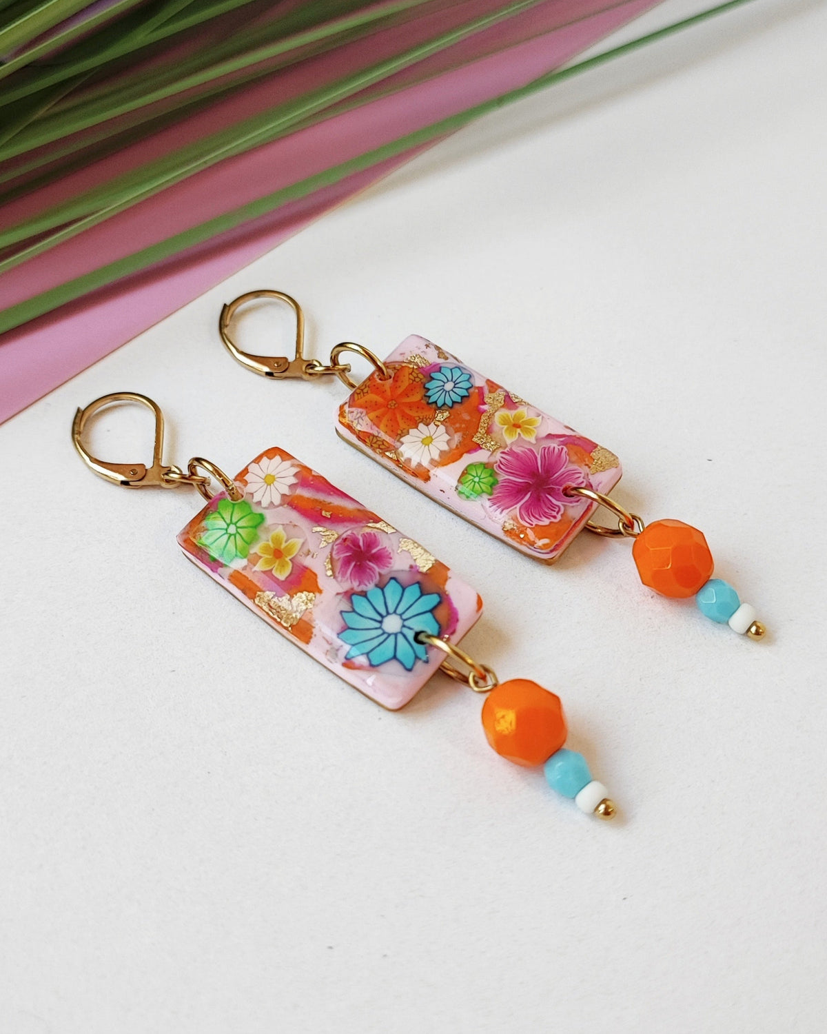 Boucles d'Oreilles Pop Flower rectangulaires perles oranges