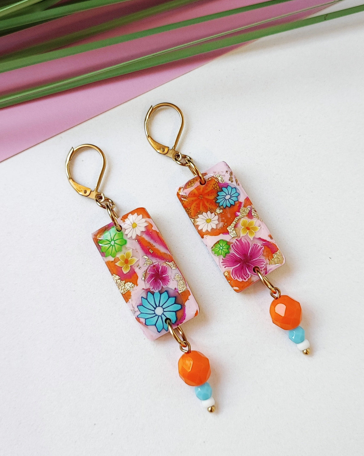 Boucles d'Oreilles Pop Flower rectangulaires perles oranges